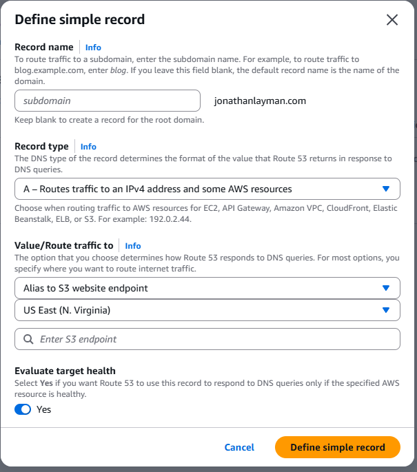 Define a Simple Record - Route 53