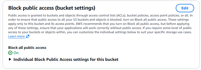 Screenshot of the Block Public Access settings for the S3 bucket