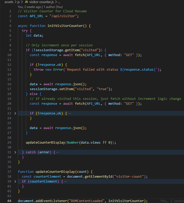 Frontend JavaScript calling the Lambda endpoint and displaying the visitor count.