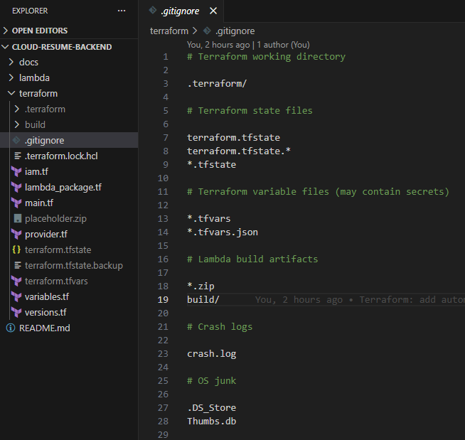 Preventing Terraform state files and sensitive data from being committed to version control.