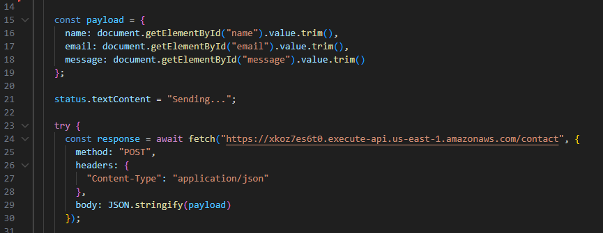 Frontend JavaScript for contact form submission