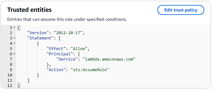 Lambda IAM trust relationship allowing the Lambda service to assume the execution role