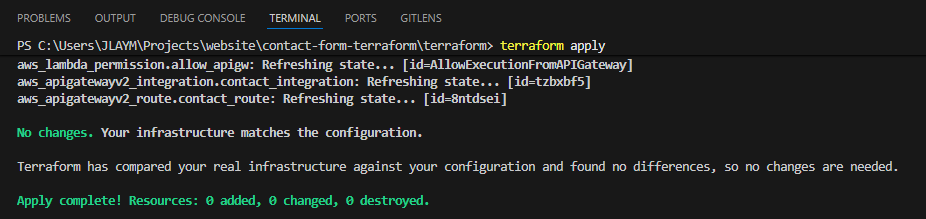 Successful terraform apply output in the terminal